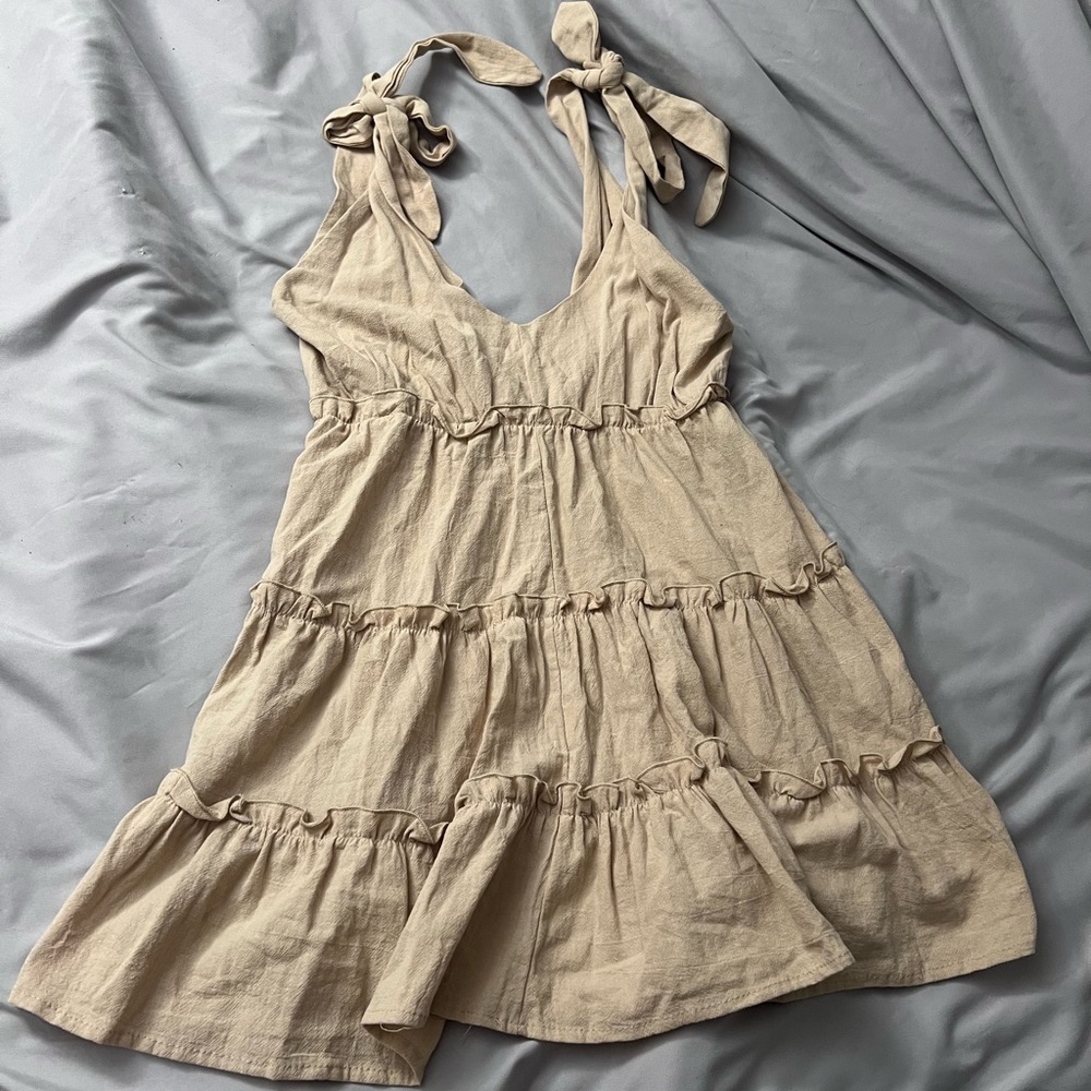 Beige Sleeveless Tiered Dress with Bow Straps